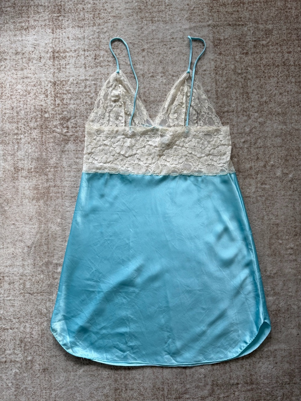 Vintage Laura Faye Aqua Satin Ivory Lace Slip Dress Chemise Nightgown L Made USA - Picture 2 of 6
